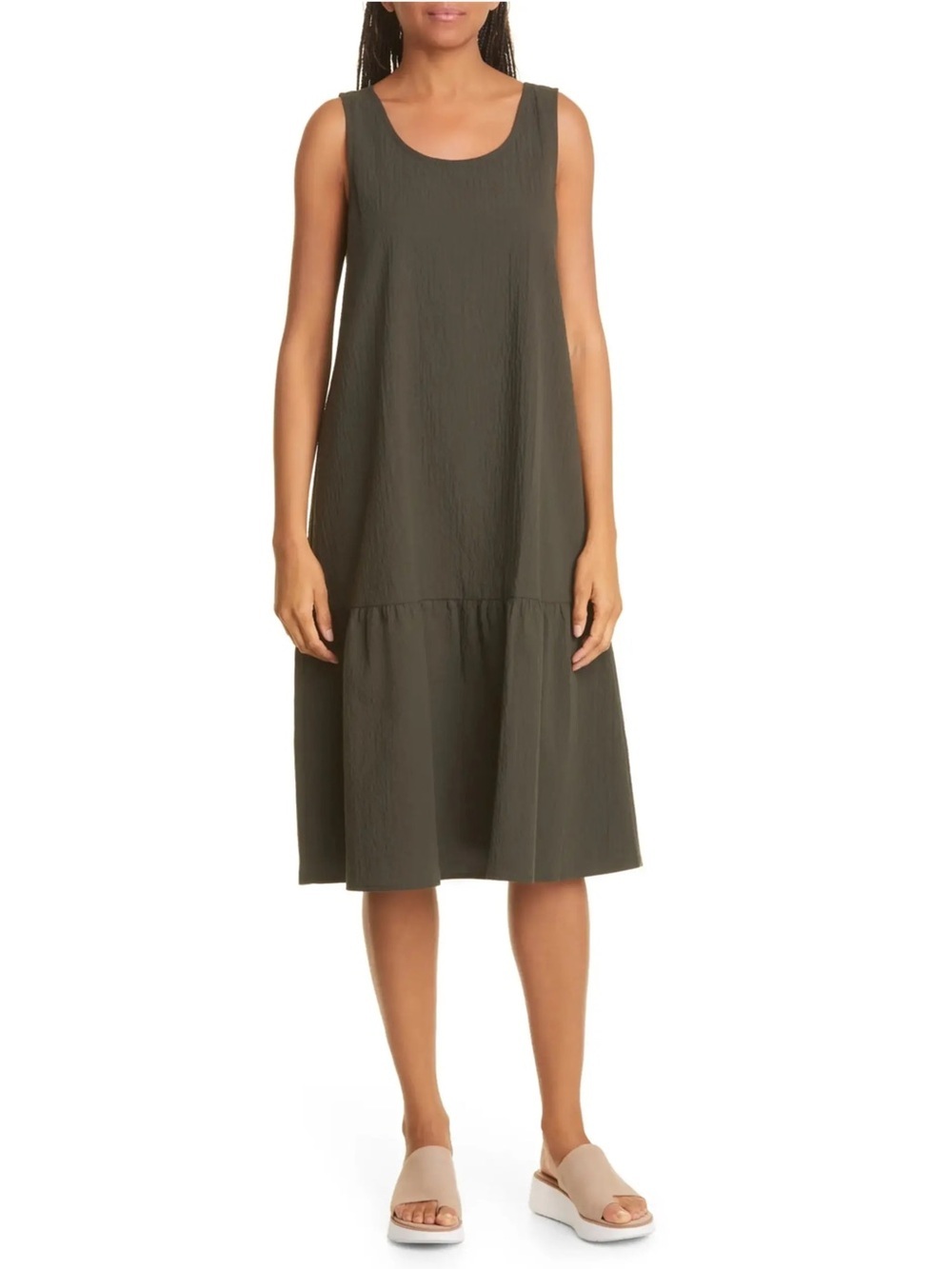 EILEEN FISHER Organic Cotton Pucker Tiered Dress Women's Size Medium in Green